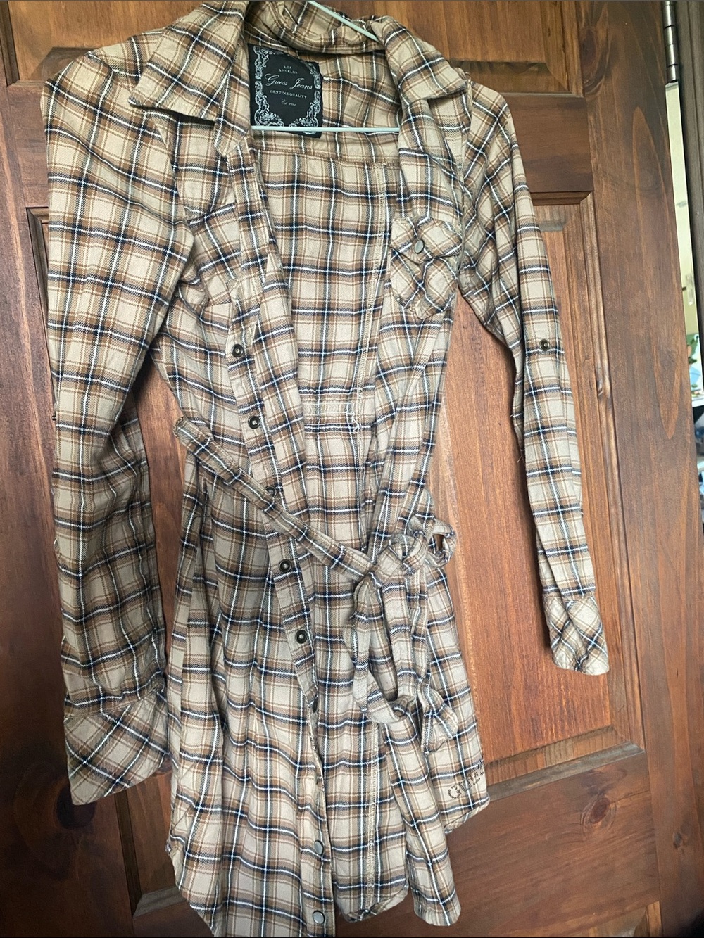 Guess Long-Sleeve Plaid Shirt Dress in Tan and Brown